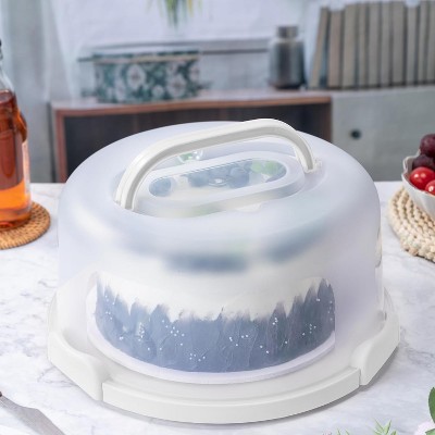 10in Plastic Cake Carrier with Handle, Round Cake Holder with Lid Pink Cake Container for 6in/8in/10in Cake(white)