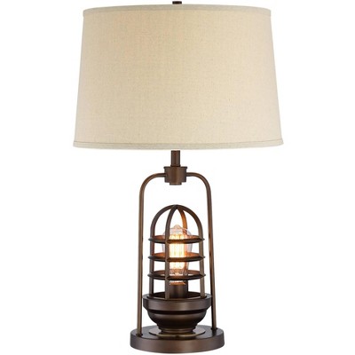 Franklin Iron Works Farmhouse Table Lamp with Table Top Dimmer LED Nightlight 27.5" Tall Rust Bronze Iron Shade Living Room Bedroom House