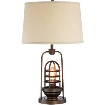 Franklin Iron Works Rustic Farmhouse Table Lamp 27 1/2" Tall with Dimmer LED Nightlight Rust Bronze Open Cage Drum Shade for Bedroom Living Room House