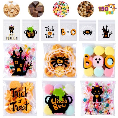 Joyfy 150Pcs Halloween Cellophane Treat Bags,Clear Goodie Bag for Party Favors,Ziplock Bag For Kids Treat or Trick,Cookie and Candy Bags in 6 Designs