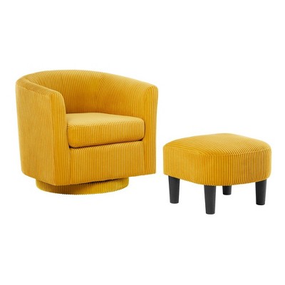 13.76”Swivel Accent Chair With Ottoman, Upholstered Tufted Armchair, 360 Degree Swivel Barrel Sofa Chair Corduroy Fabric Round Tub Sofa Chair