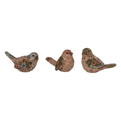 Transpac Set of 3 Resin Floral Carving Birds - Elegant Decorative Objects for Home Decor