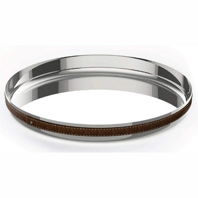 Nambe Tahoe Bar Round Metal Serving Tray, Stainless Steel Organizing Tray with Raised Edges and Removable Leather Accent,