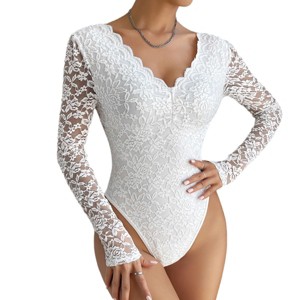 Women Shapewear Lace V-Neck Sheer Long Sleeve Bodysuit with Snap Closure - 1 of 4