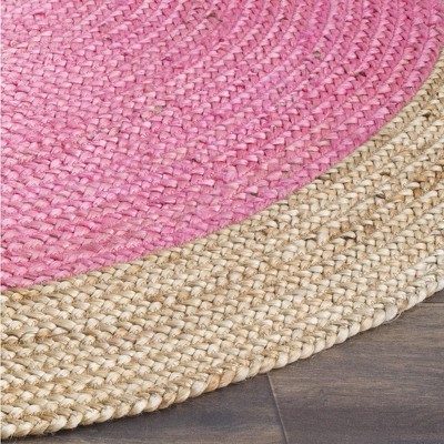 Pink and Natural Round Jute Area Rug, 4' Diameter
