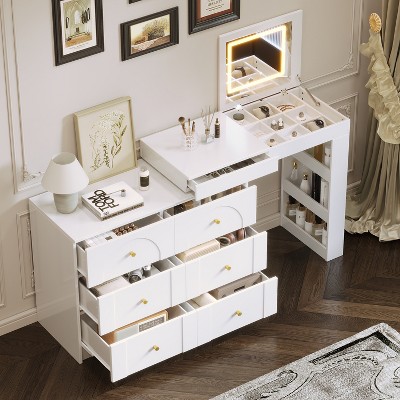 Vanity Desk with Mirror and Lights, Makeup Vanity Table with Flip-Top Tabletop and 7 Storage Drawers White