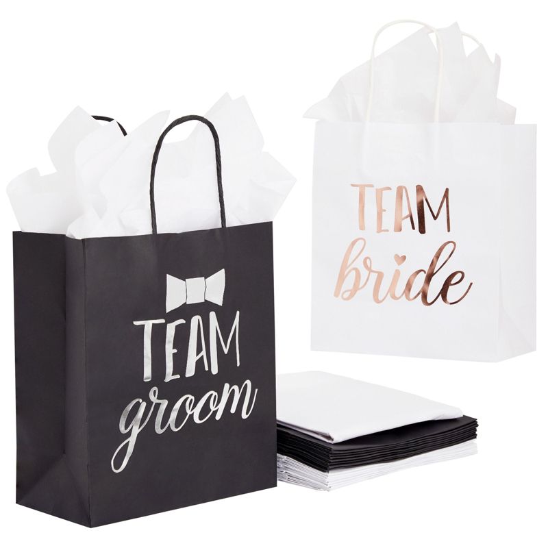 Juvale 20 Pack Bride and Groom Gift Bags for Wedding, Groomsmen, Bridesmaid, Reads Team Bride and Team Groom, 8 x 4 x 9 In, 1 of 9