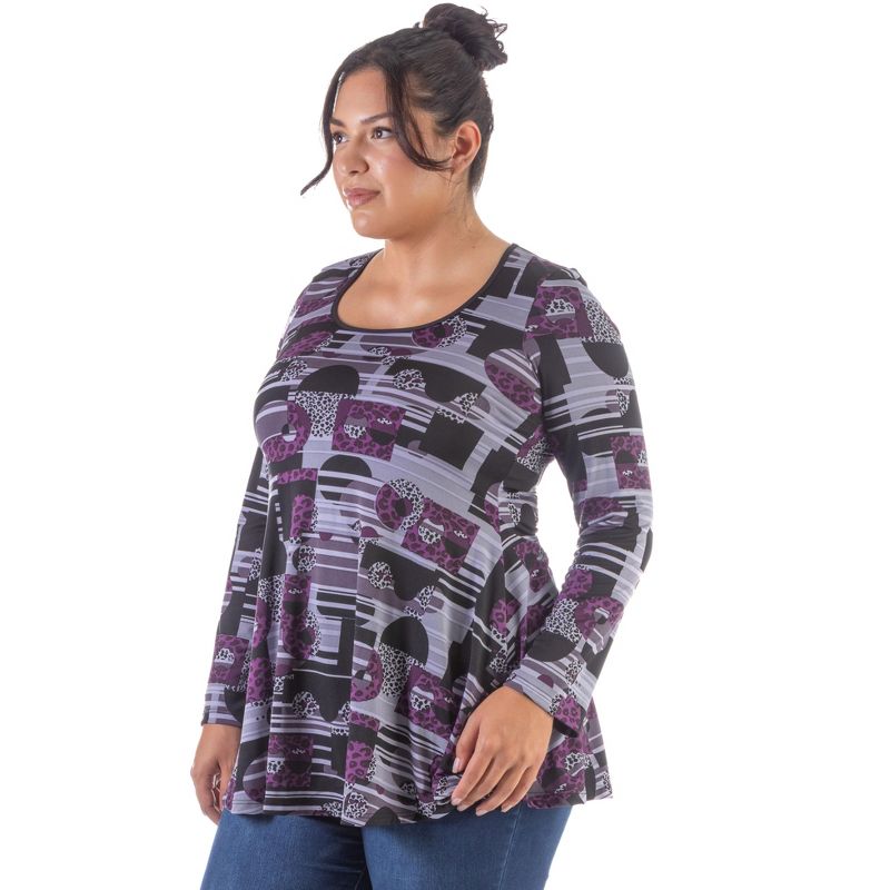 24seven Comfort Apparel Womens Purple Print Scoop Neck Long Sleeve Plus Size Tunic Top, 2 of 5