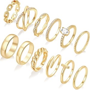 12 PCS Dainty 14K Gold Rings for Women, Eternity Open Chunky Twist Simulated Diamond Criss Cross Designs - 1 of 4