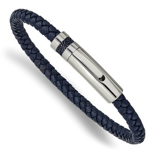 Black Bow Jewelry 5mm Stainless Steel & Blue Leather Braided Bracelet, 8.25 Inch - 1 of 4
