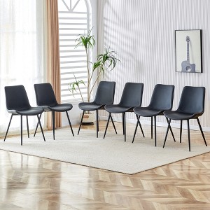 Vynxaria Black artificial leather backrest cushion dining chair, black metal legs, curved widened cushion design(6 chairs) - 1 of 4