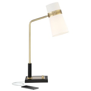 Possini Euro Design Cartwright Modern Mid Century Desk Lamp 32" Tall Antique Brass Black with USB Charging Port Linen Shade for Bedroom Living Room - 1 of 4