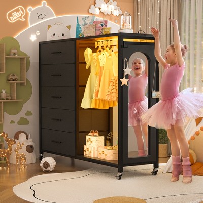 Aheaplus Dresser for Bedroom with Clothes Rack & Mirror, 5 Drawers Dresser with Charging Station & LED Lights