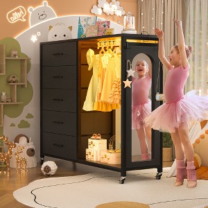 Aheaplus Dresser for Bedroom with Clothes Rack & Mirror, 5 Drawers Dresser with Charging Station & LED Lights - 1 of 4