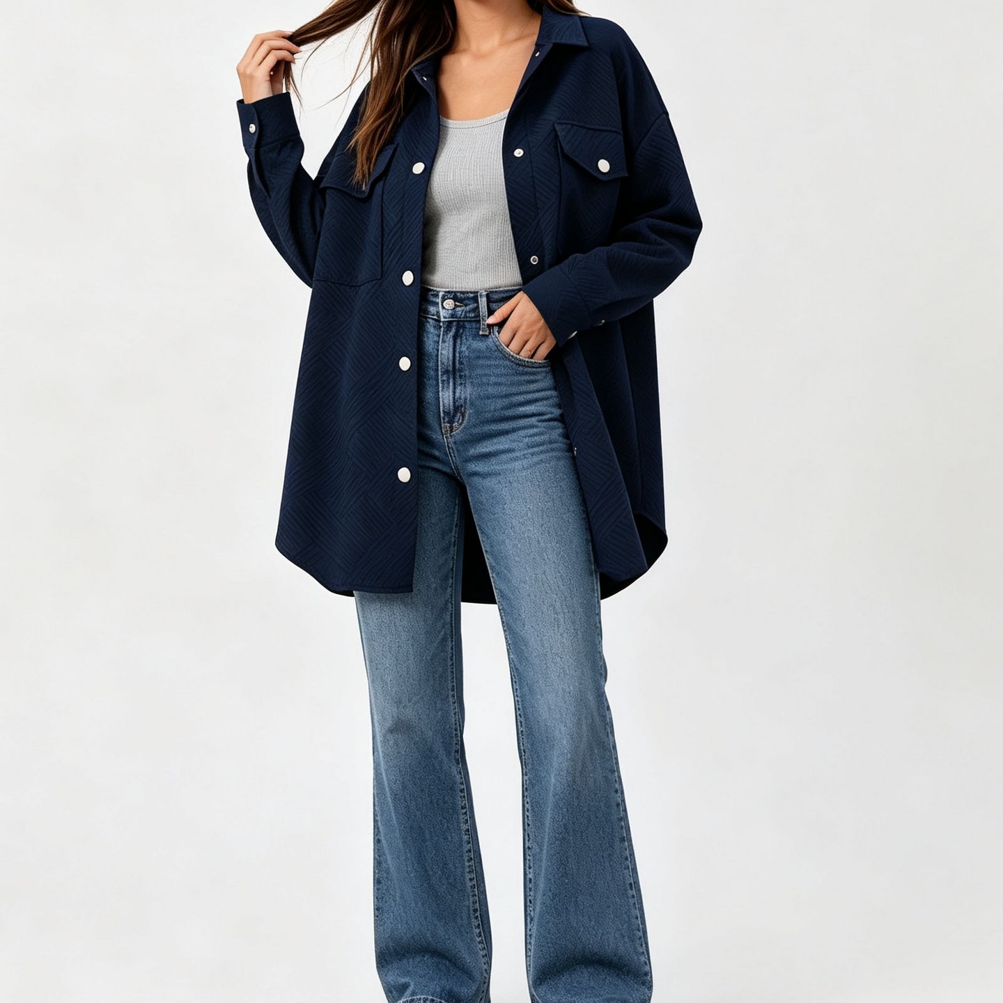 Женская куртка YesFashion Textured Button Down Shacket, Long Sleeve Lapel Casual Jacket with Chest Pocket, Loose Fit Outerwear for Daily Commute Navy blue, цвет: Тёмно-синий — фото 1