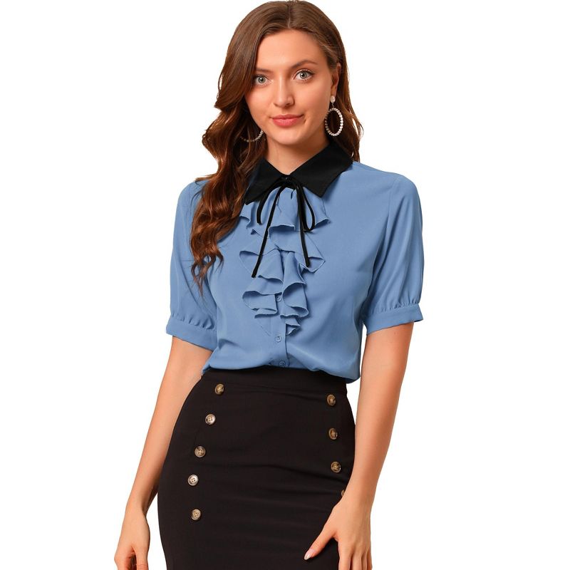 Allegra K Women's Contrast Collar Tie Ruffle Front Button Short Sleeve Work Shirt, 1 of 7