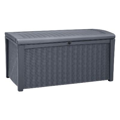 Keter Borneo Outdoor Resin Deck Storage Box Bin Organizer for Patio Furniture, Cushions, and Pool Toys with Wicker/Rattan Design, 110 Gallon, Grey