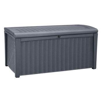 Keter Borneo Rattan Wicker Resin Patio Deck Storage Box Bench, Grey (2 Pack)