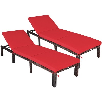 Tangkula 2-Piece Outdoor Rattan Chaise Lounge Chair Adjustable Backrest Recliner with Red Cushions