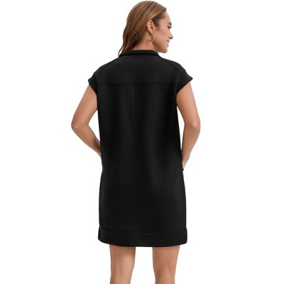 Женские платья INSPIRE CHIC Women's Half Zip Cap Sleeve V Neck Lapel Collar Tunic Summer Shift Mini Dresses with Pockets Medium Black — фото 4