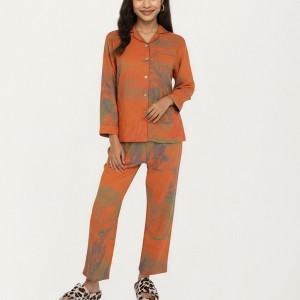 Anna-Kaci Lounge Women's 2-Piece Set Long Sleeve Button Front Top and Relaxed Fit Pants Pajama Set with Abstract Print - 1 of 4