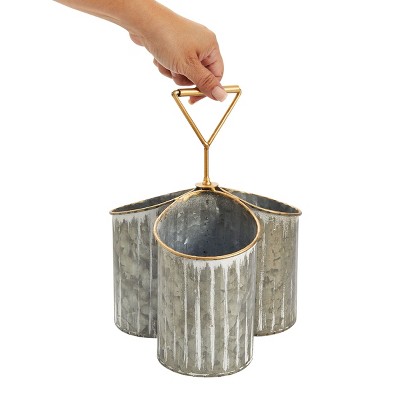 Farmlyn Creek 3 Compartment Vintage Galvanized Utensil Holder for Countertop Organizer, Multi-Purpose Caddy (Rustic, 7.8 x 8 x 10.6 In)