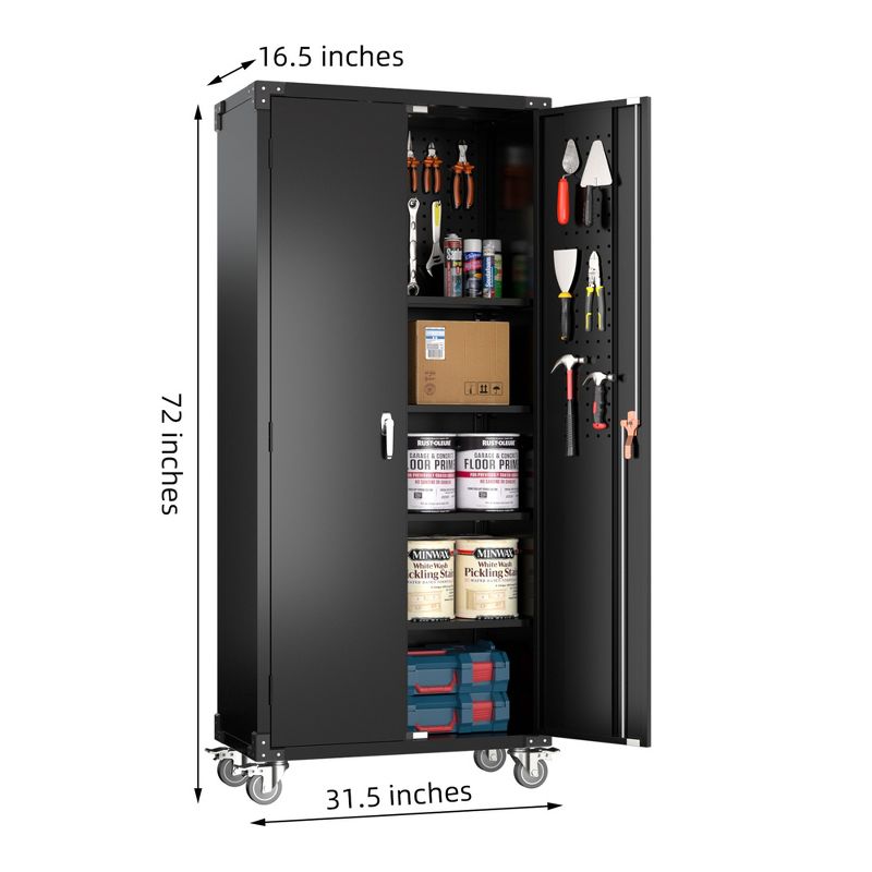 AOBABO 72 Inch Locking Metal Garage Storage Cabinet with Universal Rubber Wheels with Lockable Casters, Pegboards, and Magnetic Doors, Black, 4 of 8