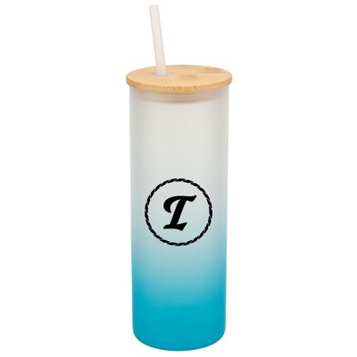 Elanze Designs I Monogram Letter Initial Rope Circle Wrap-Around Design 25 Ounce Frosted Gradient Glass On-The-Go Coffee Travel Skinny Tumbler Mug