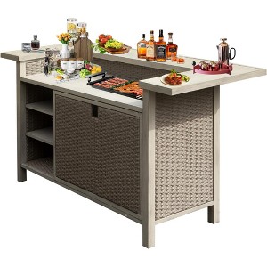Patio Bar Table Outdoor Aluminum PE Wicker with Cabinet, Wood Grain, Umbrella Hole, Weatherproof Storage, Gas Tank Compatible - 1 of 4