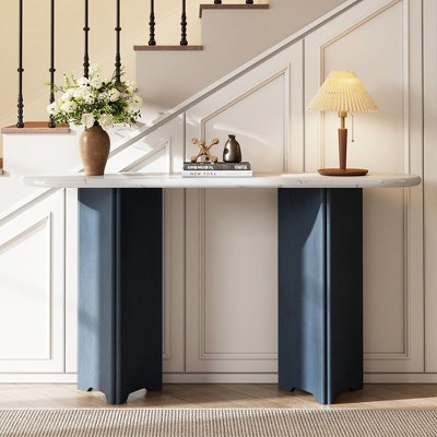 CAVINAS 54 inch Retro Console Table,Entryway Table with Oval Marble Top and Curved Legs for Living Room,Hallway