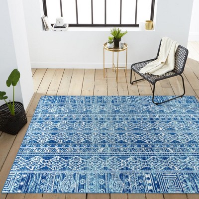 Blue and Gray Synthetic 8' x 10' Moroccan Pattern Area Rug
