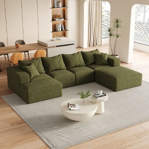 132 inch Beige Chenille L Shaped Sectional Living Room Sofa Set With 6 Pillows for Living Room - 1 of 4