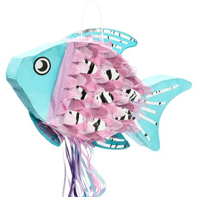 Blue Panda Fish Pull String Pinata in Blue & Pink for Kids Ocean Theme Birthday, Under the Sea Party Supplies and Decorations, Small 17 x 10.5 inches