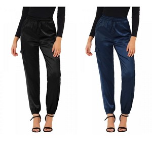 Allegra K Women's Drawstring Elastic High Waist Cargo Pocket Silky Satin Pants 2 Packs - 1 of 4