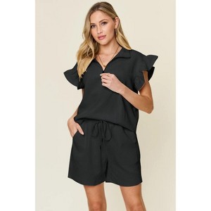 I am a Fashion junky Double Take Full Size Texture Flounce Sleeve Top and Drawstring Shorts Set - 1 of 4