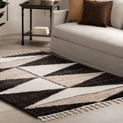 Brown and Beige Geometric Shag 4' x 6' Area Rug