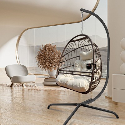 Outdoor Swing Egg Chair With Cushion,Indoor Hanging Basket Chair With Guardrail And Cup Holder,Patio Rattan Folding Hanging Chair-Coolbibila