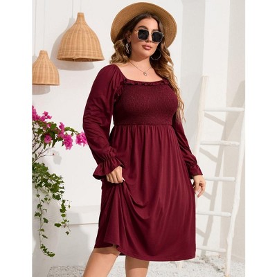 YesFashion Women's Plus Size Ruffle Long Sleeve Dress Square Neck High Waist Smocked Tunic Maxi Dress A Line Dress