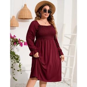 YesFashion Women's Plus Size Ruffle Long Sleeve Dress Square Neck High Waist Smocked Tunic Maxi Dress A Line Dress - 1 of 4