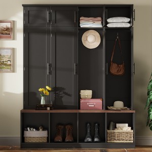 4-in-1 Hall Tree Entryway Bench Shoe Cabinet Storage Bench Mudroom Coat Rack with Hooks & Storage Cabinet, White/Black/Blue-ModernLuxe - 1 of 4