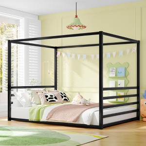 KTMBDW Twin/Full/Queen Size Canopy Floor Bed with 4 Posters and Guardrails, Heavy Duty Metal Canopy Beds, Montessori Floor Bed with High Fence, Black - 1 of 4