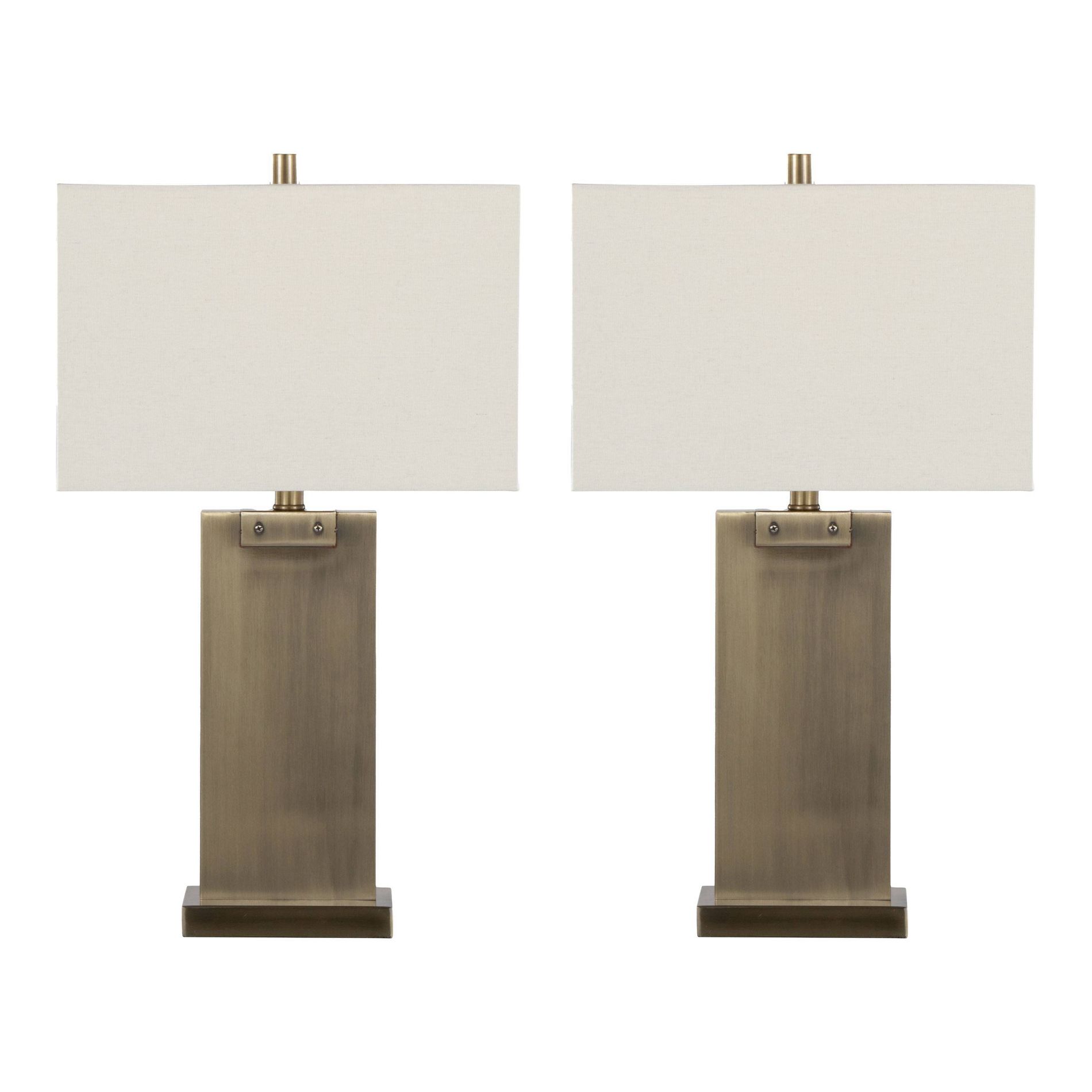 LumiSource Set of 2 Royce 26" Contemporary Metal Table Lamp in Antique Brass/White Linen