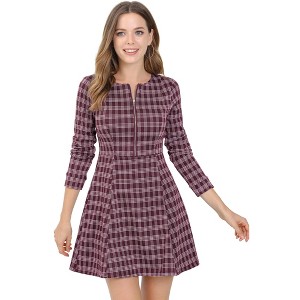 Allegra K Women's Vintage Plaid Houndstooth Long Sleeve Office Zip Front Flare Mini Dress - 1 of 4