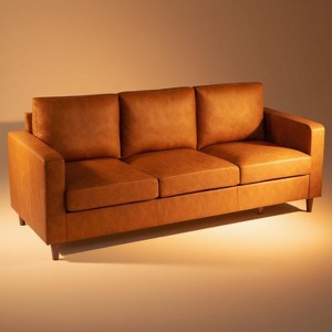 Mid-Century Modern 85" Large Leather Couch - High-Density Foam & Built-in Springs, 3-Seat Sofa with Sturdy Wood Legs - 1 of 4