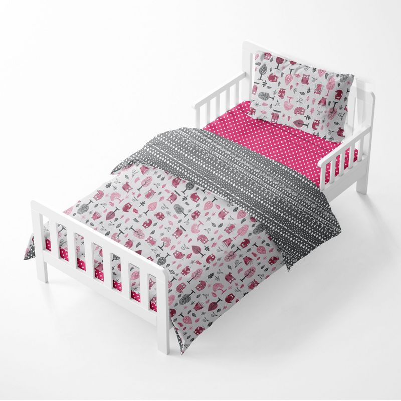 Bacati - Owls in the Woods Pink Fuschia Gray 4 pc Toddler Bedding Set, 3 of 10