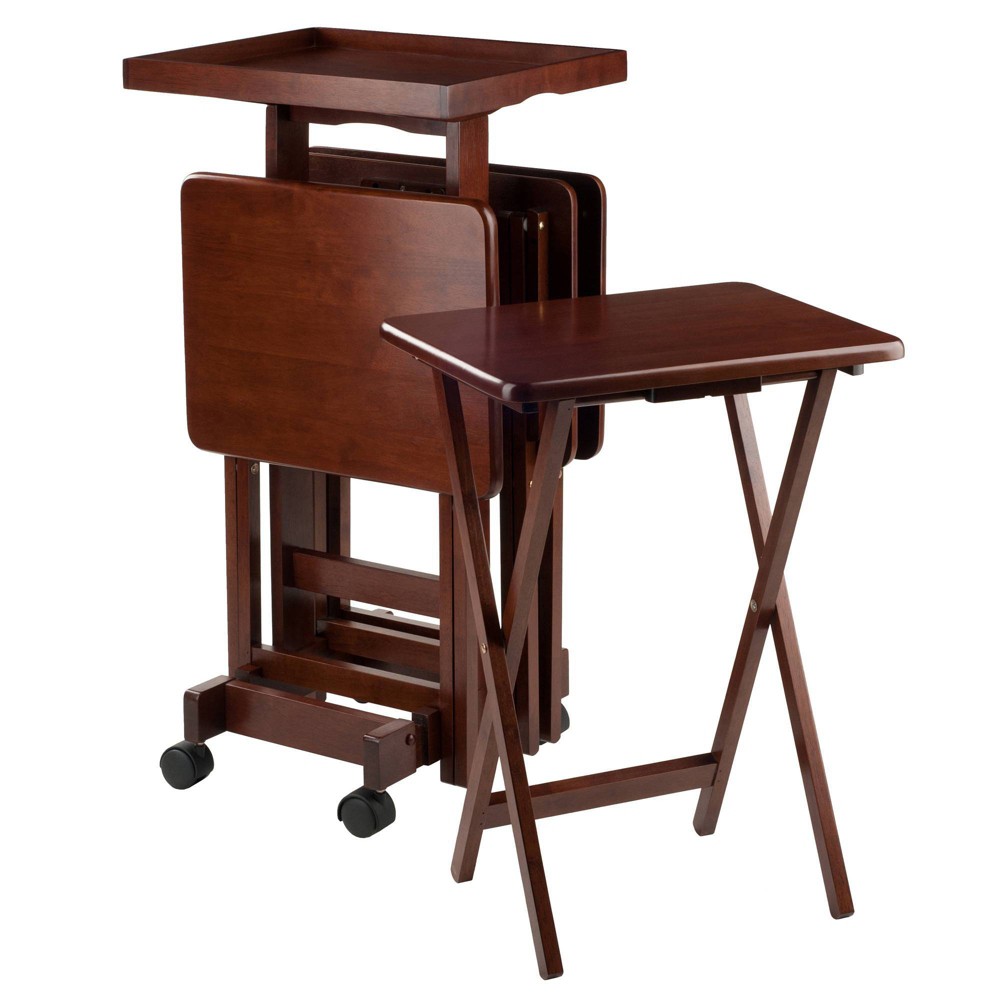 Photos - Dining Table 6pc Snack Table Set Walnut - Winsome: Rolling Stand, 4 TV Dinner Tray Tables, Removable Serving Tray