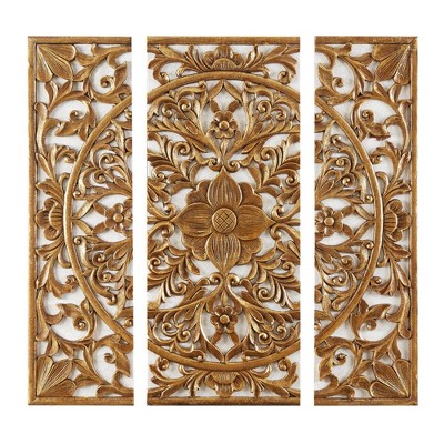 (Set of 3) 27.5" Height Medallion Canvas Set 3D Design Gold