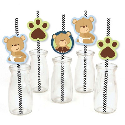 Big Dot of Happiness Baby Boy Teddy Bear Paper Straw Decor - Baby Shower Striped Decorative Straws - Set of 24