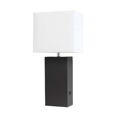 Leather Table Lamp with Fabric Shade Black - Elegant Designs