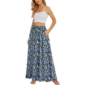 Women's High Waisted Pleated Flowy Maxi Skirt - Summer Casual with Pockets Blue Green Ditsy Floral - 1 of 4